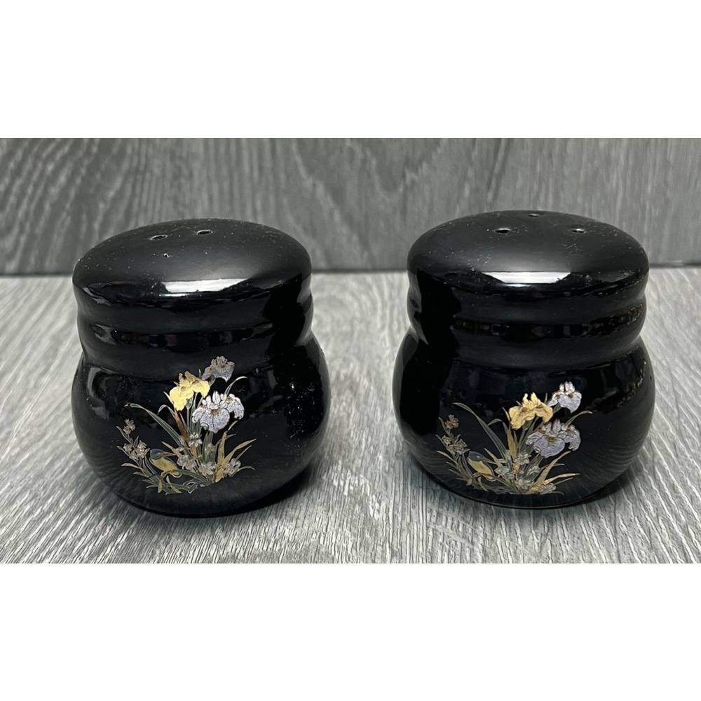 Black Floral Salt Pepper Shakers Small Ceramic Iris Flower Kitchen Decor Pair